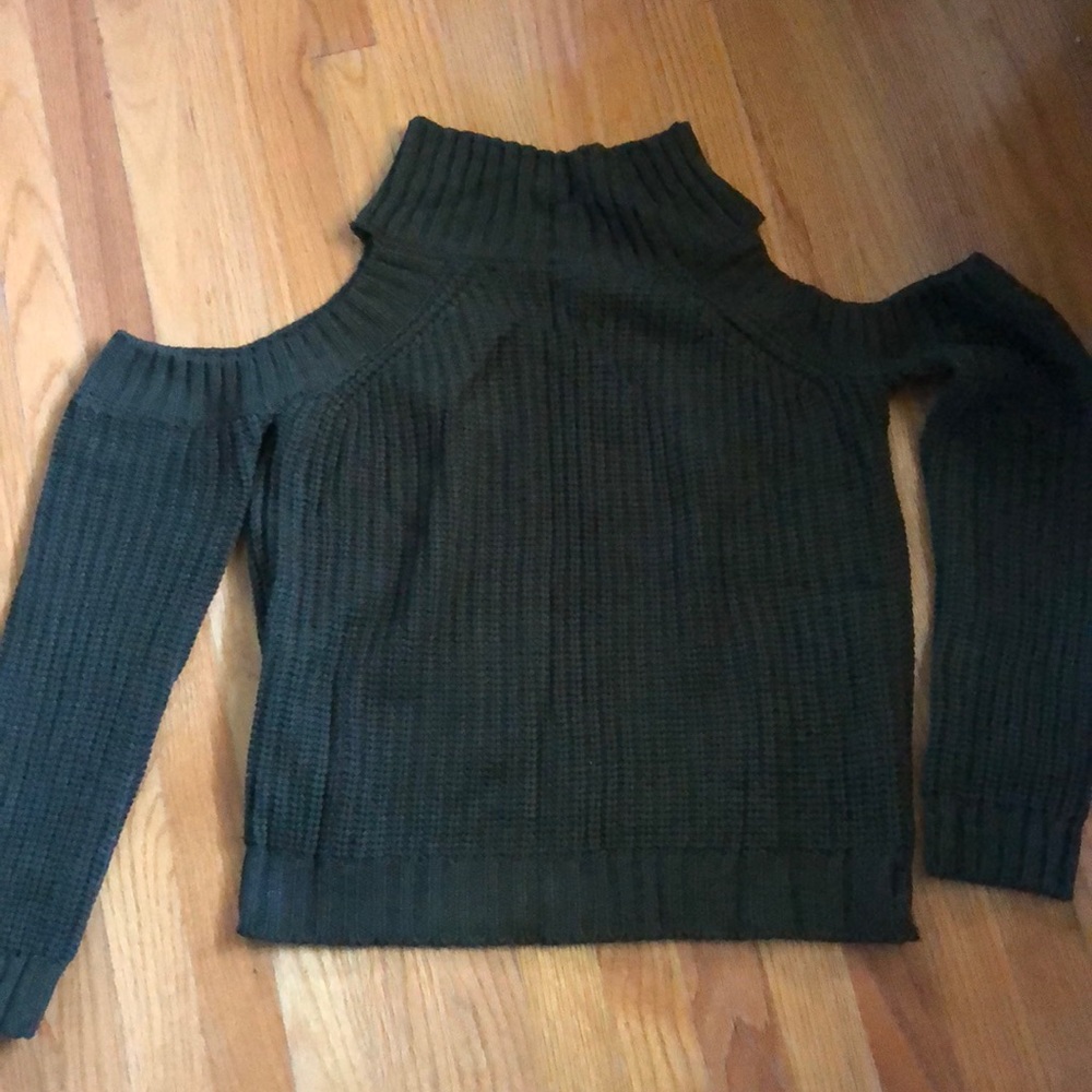 Dark olive chunky knit cold shoulder sweater